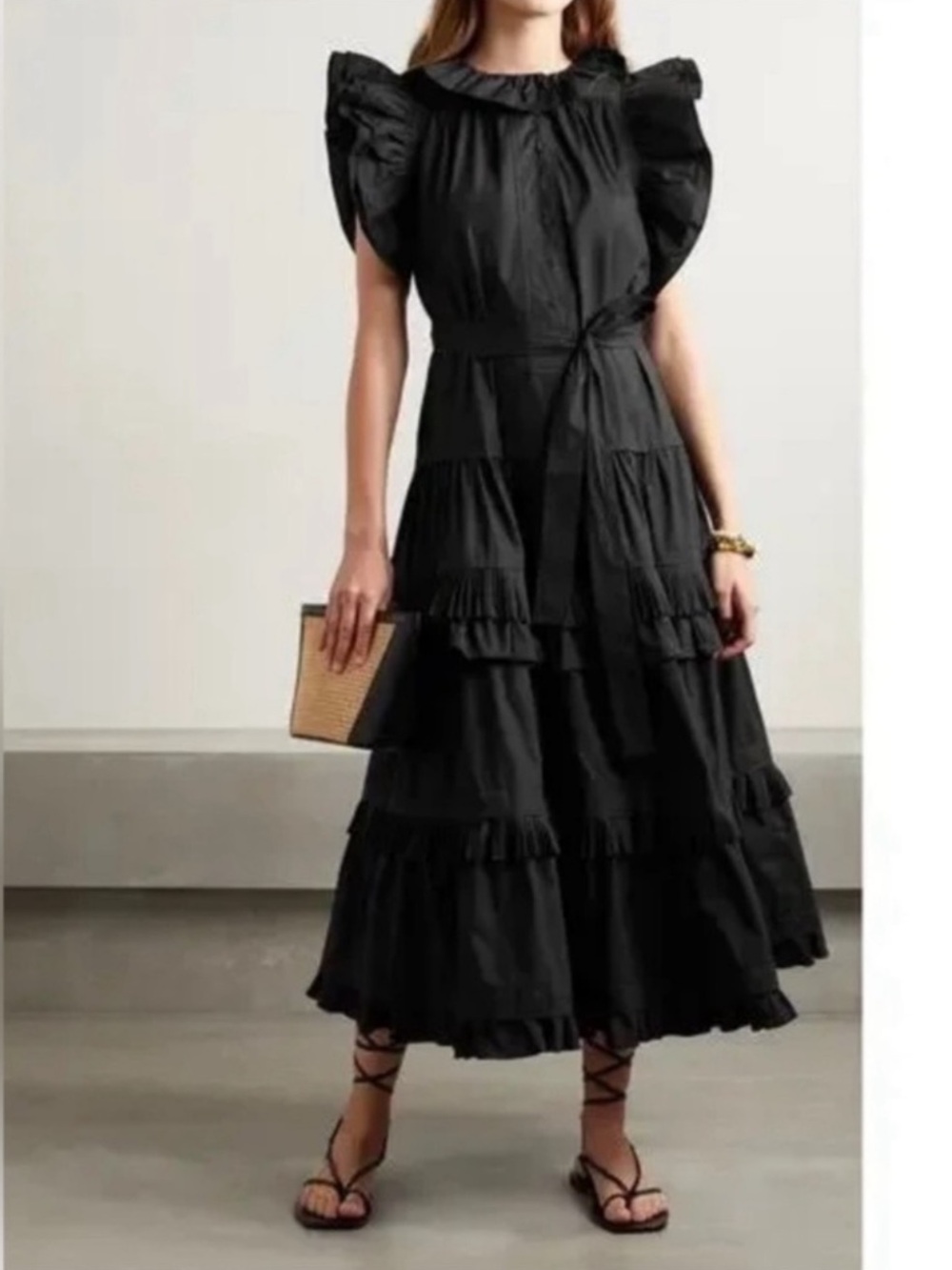Ulla Johnson Elsie Dress Size 4 Black Ruffle Midi Short Sleeve Cotton